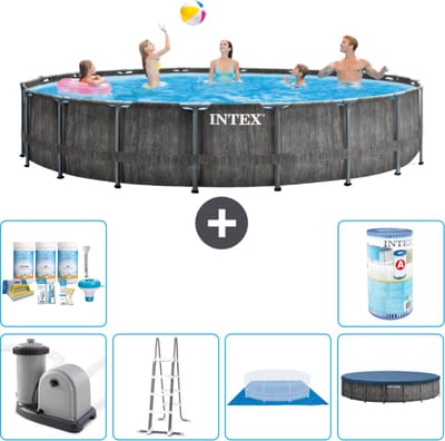 Intex Rond Prism Frame Greywood Zwembad - 549 x 122 cm - Inclusief Pomp - Ladder - Grondzeil - Afdekzeil Onderhoudspakket - Filter
