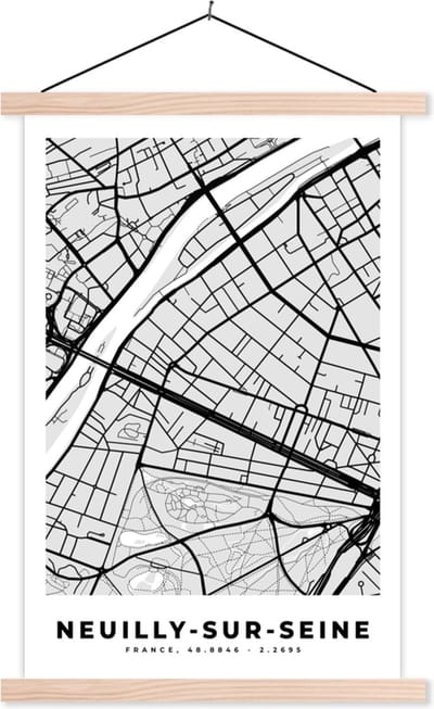 Posterhanger incl. Poster 40x60 cm - Schoolplaat - Plattegrond - Neuilly-sur-Seine - Stadskaart - Kaart - Frankrijk - Textielposter - Blanke latten - Stadskaart