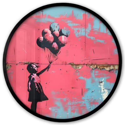 Poster in lijst Rond - Fotolijst 40x40 cm - Posters - Graffiti - Meisje - Ballon - Roze - Blauw - Street art - Ronde posterlijst zwart - Decoratie - Wanddecoratie woonkamer - Muurdecoratie slaapkamer