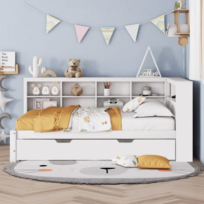 Slaapbank 140x200 – Uitschuifbaar 90x190, Massief Houten Multifunctioneel Bed met USB-Stopcontact & Meerdere Opbergvakken, Tweepersoonsbed, Wit