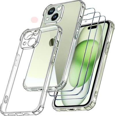 Hoesje Geschikt voor iPhone 15 – transparant Anti Shock silicone hoesje – Met glazen Screenprotector – 3 pack
