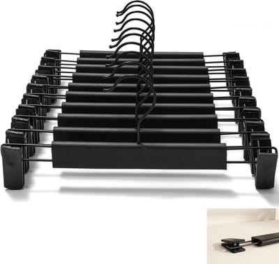 Set van 10 - Kledinghangers - Broekhangers - Naadloze broekclips - Opbergclips - Zachte rubberen bescherming - Voorzien van 360° draaibare haken en verstelbare clips - Geschikt voor broeken, jassen, jeans, enz. - 29*14 cm (L*H) - Zwart