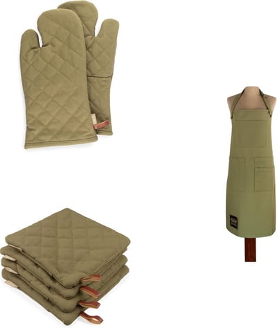 CH&F BBQ Oregano Keukentextielset Groen | Set van 7 | 1 Schort 70x90 cm, 2 Ovenwanten 15x32 cm & 4 Pannenlappen 20x20 cm | 100% Extra Zwaar Canvas Katoen