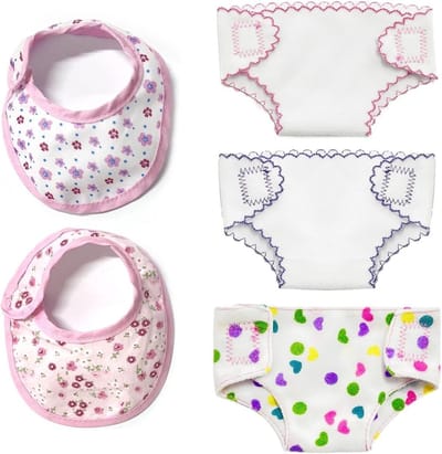 Allecto Plus - Set van 5 poppenaccessoires - Luier, slabbetje, voerset - Voor poppen van 35 tot 18 cm - Herbruikbaar en bestand tegen meerdere wasbeurten. Optimaliseer het spelplezier.