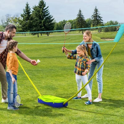 MEUNIQ 2-in-1 badminton set met verstelbaar net en volleybalnet, 400 x 22,4 x 155 cm, met draagtas, kunststof, voor indoor en outdoor gebruik, blauw