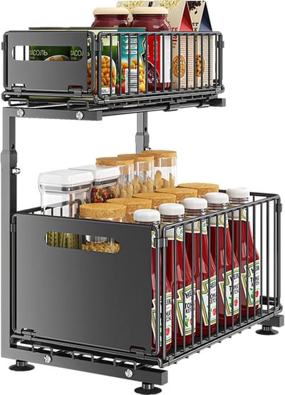Famanu – Metalen onder gootsteen organizer 2-laags keukenrek met schuiflade en verstelbare plank voor keuken en badkamer zwart