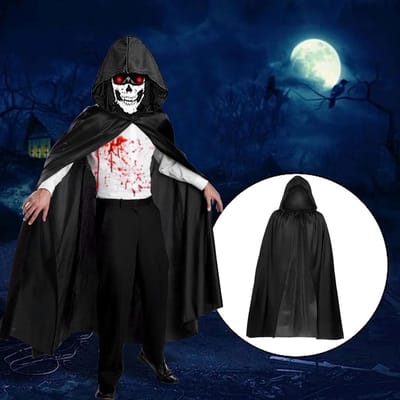 Zwarte Middeleeuwse Vampiercape voor Kinderen en Volwassenen met Kap en Schrikstickers voor Halloween Feesten en Cosplay Accessoires