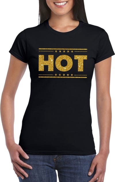 Zwart Hot shirt in gouden glitter letters dames S