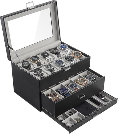ProCase Watch Box with 20 Compartments, 2 Levels Watch Case with Tray, Watch Storage Watch Box with Glass Lid - Black