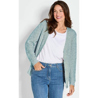Tricot jasje van meerkleurig lintjesgaren - groen / wit / gedess. - Gr. 38 van Goldner Fashion