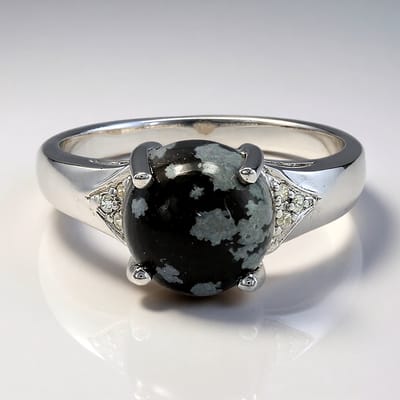 Cavill - Zilveren Ring - 925 Sterling Zilver - Sneeuwvlok Obsidiaan 4,03 ct Ronde Cabochon - Cambodjaanse Zirkonia Pavé - Winter Elegante Sieraden