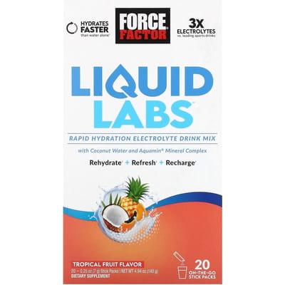 Force Factor, Liquid Labs, Snelle Hydratatie, Elektrolytendrankmix, Tropisch Fruit, 20 Stickverpakkingen, 0,25 oz (7 gram) Elk