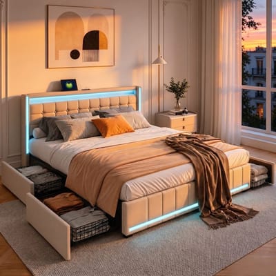 Tweepersoonsbed met RGB LED-Verlichting, 4 Uittrekbare Lades, USB & Type-C Oplaadpoorten, 160x200 cm