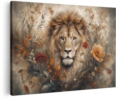 Artaza Canvas Schilderij Leeuw Portret - Botanische Bloemenkunst - Zachte Natuurtinten - 30x20 cm - Klein - Wanddecoratie Woonkamer - Schilderijen - Muurdecoratie