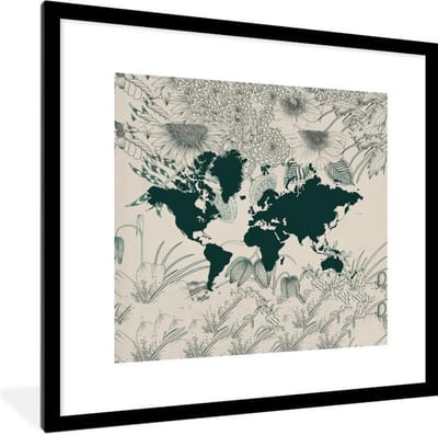 Poster in lijst - Fotolijst 40x40 cm - Posters - Wereldkaart - Bloemen - Planten - Posterlijst zwart - Decoratie - Wanddecoratie woonkamer - Muurdecoratie slaapkamer