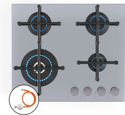Klarstein Illuminosa 4 gaskookplaat - 4 Sabaf-branders, 4 kW wokbrander, elektrische ontsteking, geschikt voor vloeibaar en aardgas, roestvrij staal, efficiënt en milieuvriendelijk, ideale gaskookplaat