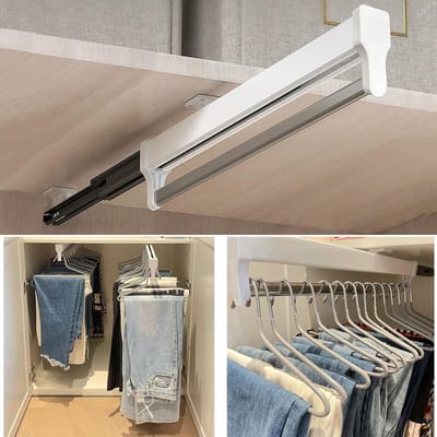 Ynkkvre - Uittrekbare Kleerhanger - Verstelbare Kastrail - Kledinghaak - Kapstok - Kledinghanger - 25KG Draagkracht & 30-40 Broeken - Koudgewalst Staal Constructie - Eenvoudige 3-Stap Installatie - Geschikt voor Kast & Badkamer - Wit