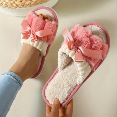 Nieuwe Warme Pantoffels met Strikdecoratie, Casual Pluche Schoenen met Open Teen, Comfortabele Huispantoffels voor Binnen 36-37 roze
