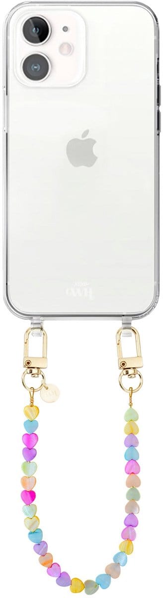xoxo Wildhearts siliconen hoesje - Geschikt voor iPhone 12 hoesje - Shell Hearts (short) - Telefoonhoesje - Hoesje met koord - gekleurde hartjes - Kort koord - Transparant hoesje met telefoonkoord - Regenboog / Meerkleurig