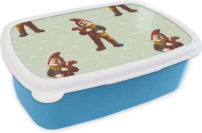 Broodtrommel Blauw - Lunchbox - Brooddoos - Kabouter - Patronen - Tuin - 18x12x6 cm - Kinderen - Jongen