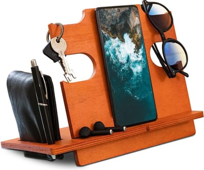 PolkaHome Houten Docking Station Kersenhout - Bureau, Nachtkastje, Entree Organizer - Perfect Cadeau Mannen, Verjaardag, Kerstcadeau - Sieradenhouder, Telefoonhouder