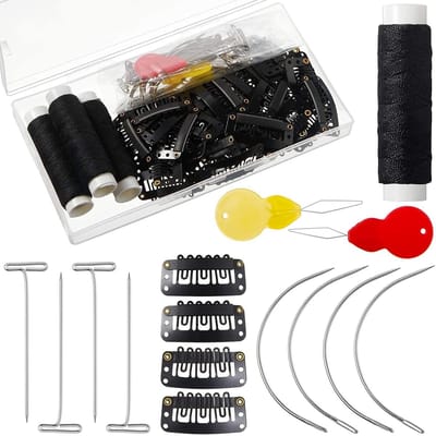 Dailygoods- Haarextensions Set - 85PCS Clip in Echt Haar - 50 U-Vorm Snap Clips - 10 Gebogen Naalden - 20 T-Pins - Opbergdoos voor Pruik Maken - Pruikaccessoires