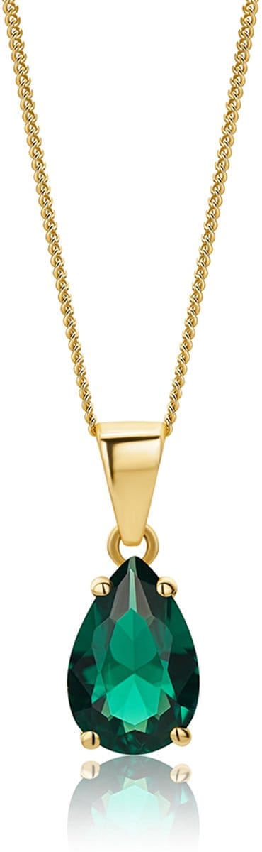 Miore Pure Collier Ketting - 9 Karaat - Kleur Geelgoud - Met een Groene Smaragd - Handgemaakte Sieraden - Met Hanger - Elegante Dames Sieraden - 45 cm