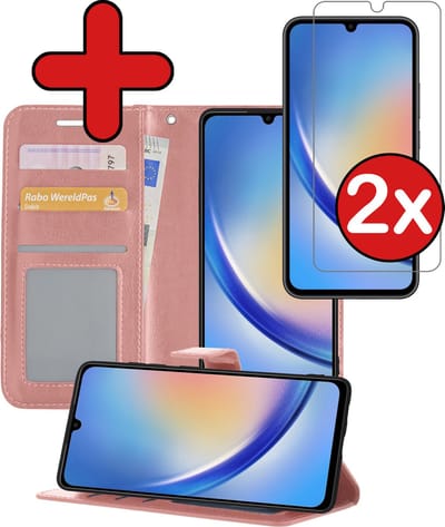 Hoesje - Met 2x Screenprotector - Geschikt voor Samsung Galaxy A34 - Luxe Pasjeshouder - Flip Case - Bookcase Portemonee - Kunstleer Book Case - Flipcase Hoes - Book Cover - Walletcase - Portemonneehoes - Telefoonhoes - Rosé goud