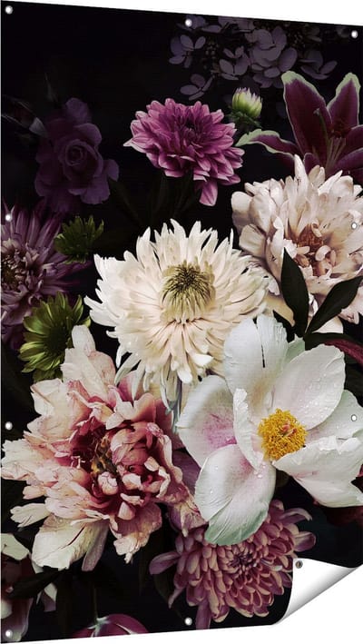 Gards Tuinposter Diverse Bloemen op Zwart Achtergrond - 100x150 cm - Tuindoek - Tuindecoratie - Wanddecoratie buiten - Tuinschilderij