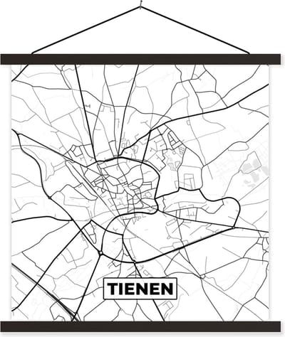 Posterhanger incl. Poster 60x60 cm - Schoolplaat - Stadskaart – Zwart Wit - Kaart – Tienen – België – Plattegrond - Textielposter - Zwarte latten - Stadskaart