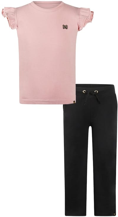 Koko Noko - Basic collection - Biologisch katoen - Kledingset - 2 delig - Joggingbroek Zwart - Shirt Dusty pink met roesjes - Maat 92