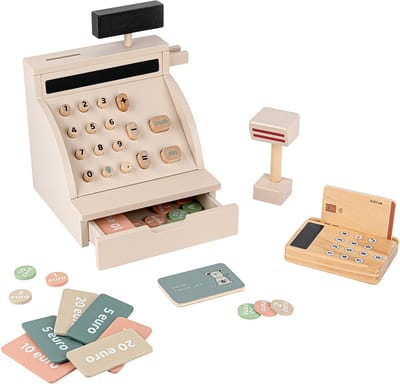 Babiem® Coco - Speelgoed Kassa - 42-Delige Set - Incl. Scanner, Pasjes en Geld - Montessori Speelgoed - 18 x 18 x 23 cm - FSC® Hout