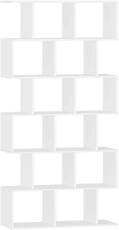 Boekenkast – Voor Woonkamer & Kantoor – Staande Kast met 6 Niveaus en 12 Open Vakken – Wit