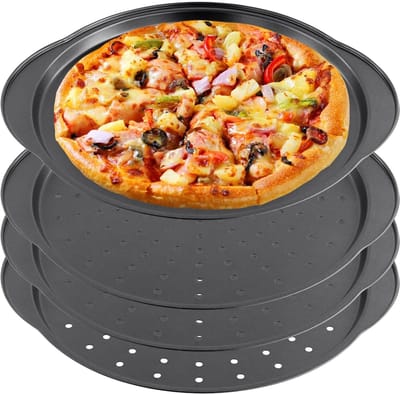 Dailygoods- Pizzaplaat rond 32 cm - Geperforeerde pizzavorm - Koolstofstaal - Hoge temperatuurbestendigheid - 4 stuks - Donkergrijs - Pizzapan