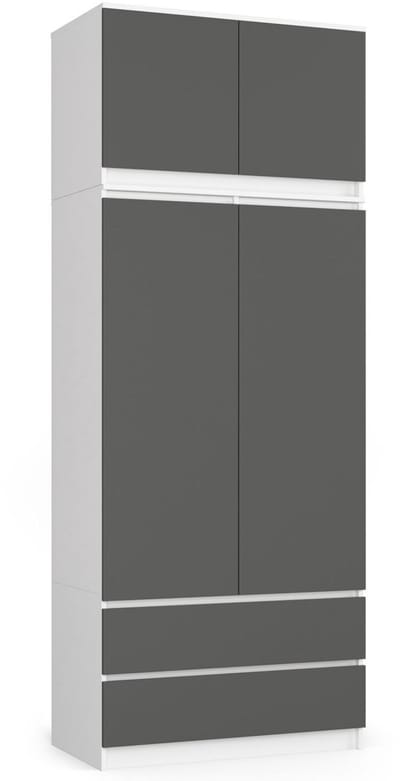Kleidingkast S90 met Opzetstuk, 2 Deuren en 2 Lades / AKORD Furniture Factory / Wit - Grafietgrijs / 90 x 234 x 51 cm