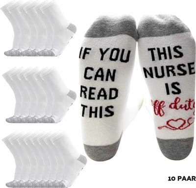 10 paar Sokken voor verpleegkundige met grappige tekst "If you can read this This nurse if off duty" - Dames sokken maat 37-42 - Cadeau verpleegster/zuster - 10x