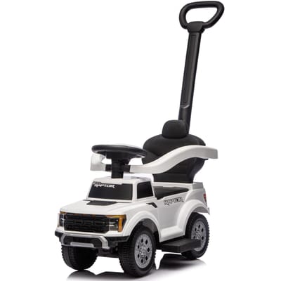 sun baby Loopauto met duwstang voor kinderen vanaf 12 maanden – Ford Raptor – grote terreinwielen, LED-verlichting, zitje met rugleuning en opbergruimte, tot 25 kg, wit