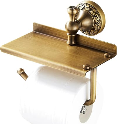 JGS Premium - Toiletrolhouder met telefoonplank en antiek bronzen afwerking - Wandmontage badkamer accessoires met snijwerk design