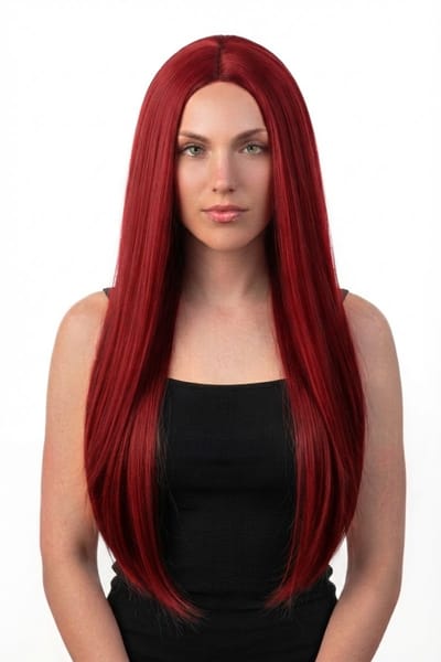 KIMU® Luxe Lange Donkerrode Pruik - Middenscheiding - Haarwerk Krullen Pony - Rood Donkerrood Halloween Festival