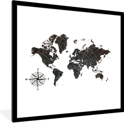 Poster in lijst - Fotolijst 40x40 cm - Posters - Wereldkaart - Zwart - Kompas - Posterlijst zwart - Decoratie - Wanddecoratie woonkamer - Muurdecoratie slaapkamer