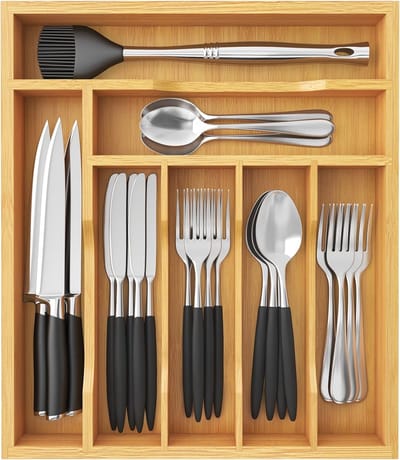 Famanu – Bamboe besteklade met 7 vakken - natuurlijke keukenorganizer - duurzaam materiaal - geschikt voor bestek - lepels - vorken - messen en keukenaccessoires - praktisch en stijlvol