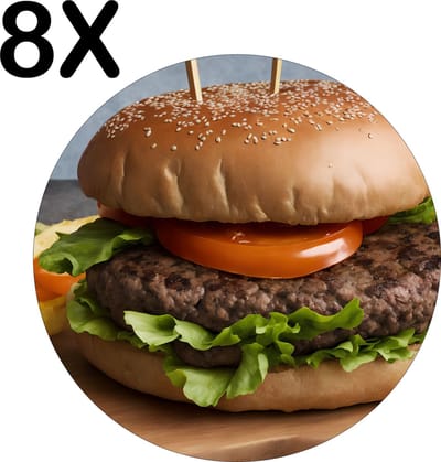 Luxe Ronde Placemat - Geserveerde Hamburger op Houten Plank - Set van 8 Placemats - 50x50 cm - 2 mm dik Vinyl - Anti Slip - Afneembaar
