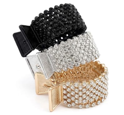 Set van 3 strass haar clips – dames – elastische kunststof haar klemmen – glinsterende paardenstaart clip – zwart, goud en zilver
