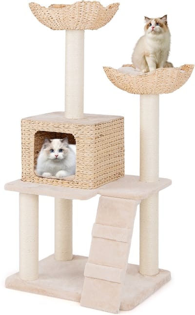 COSTWAY Krabpaal met kattenmand, 122 cm, kattenboom met 2 zitstokken en kussens en holte van buiskolven, ladder en sisalpalen, meertraps klimboom, kattenkrabpaal katten, klein, beige