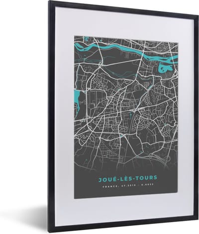 Fotolijst incl. Poster - Joué-lès-Tours - Frankrijk - Plattegrond - Kaart - Stadskaart - 30x40 cm - Posterlijst