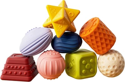 Educatieve Speelgoedset voor Baby's 0-6 Maanden - Zachte Sensory Ballen, Stapelblokken en Bijtspeelgoed voor Motorische Vaardigheden en Badplezier (8 Stuks)