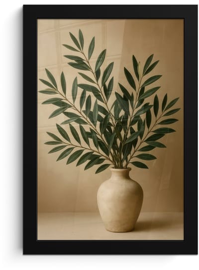 Poster in lijst - Fotolijst 20x30 cm - Posters - Vaas - Olijftakken - Bladeren - Beige - Posterlijst zwart - Decoratie - Wanddecoratie woonkamer - Muurdecoratie slaapkamer