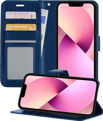 Hoesje - Met Pasjeshouder - Geschikt voor Apple iPhone 13 - Luxe Bookcase Portemonee - Flip Case - Kunstleer Book Case - Flipcase - Book Cover - Walletcase - Portemonneehoes - Telefoonhoesjes - Donkerblauw