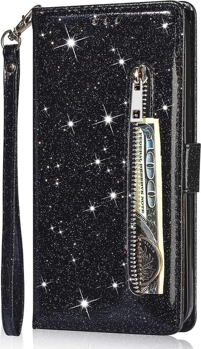 Glitter Bookcase Hoesje Geschikt voor: Samsung Galaxy A35 met rits - hoesje - portemonneehoesje - Zwart - ZT Accessoires