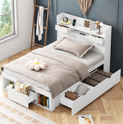 MEUNIQ eenpersoonsbed 90x200 cm met USB- en Type-C-aansluiting, lades en opbergkast, inclusief lattenbodem, zonder matras, wit, voor kinderkamer